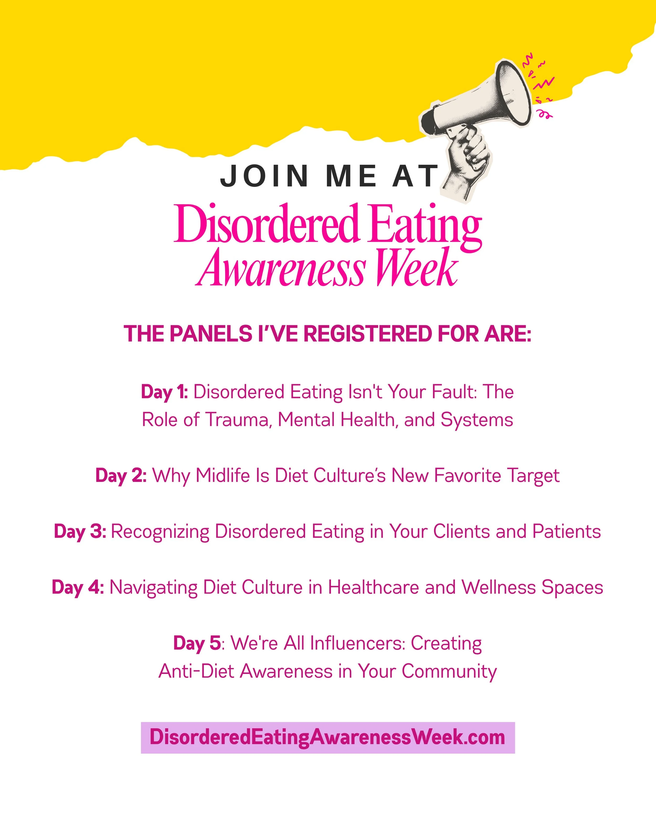 Have you registered yet?

This free week of live panels is happening next week, and I&rsquo;m honoured to be on the Day 2 panel tackling one of my favourite topics.&nbsp;

👉🏼 Head to disorderedeatingawarenessweek.com to learn more!
👉🏼 Register fo