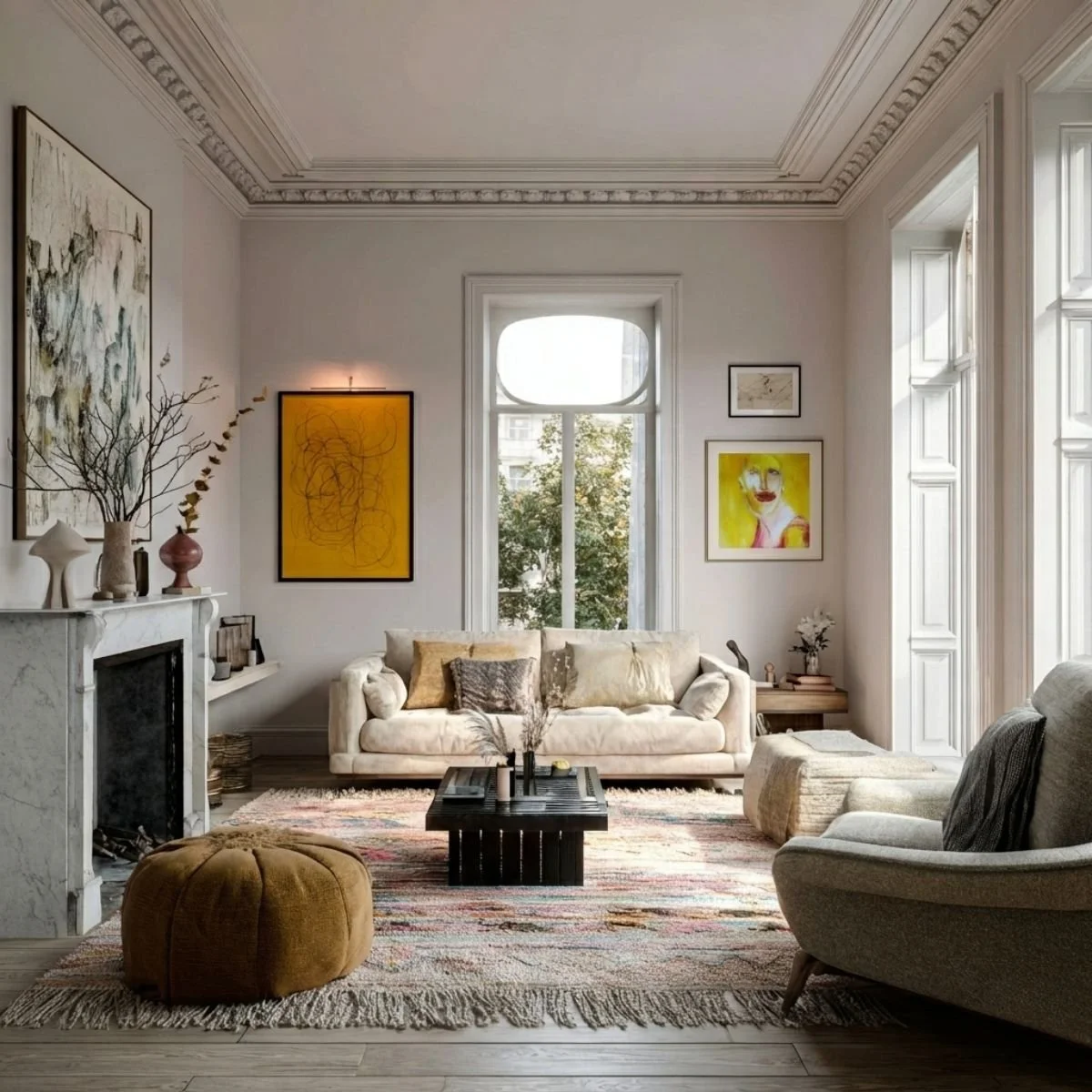 A cozy living room with a white sofa, a black coffee table, a light grey armchair, and a brown pouf. The room has tall windows with natural light, decorated with artwork on the walls, a white fireplace with vases on the mantel, and a colorful patterned rug on the floor.