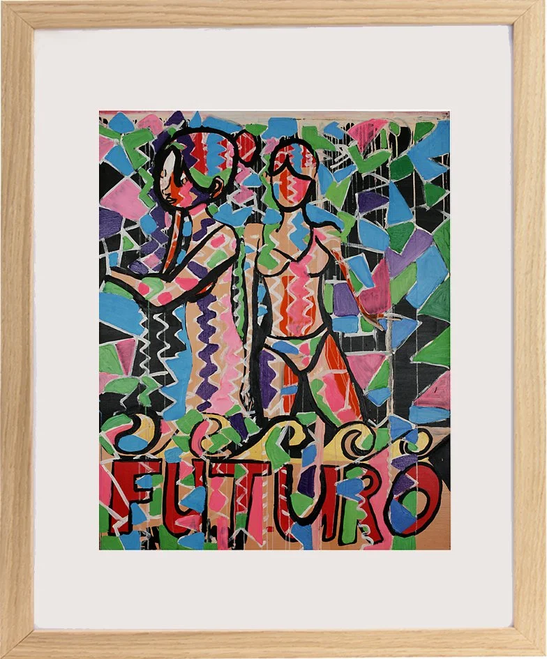 Colorful abstract painting of two women with the word "Selfie" at the bottom.