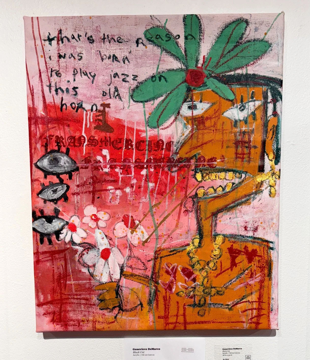 Black Cat (2025) Acrylic/Oil on Canvas.  “Black Cat” is inspired by Louis Armstrong, whose legacy embodies the soul of jazz. The title reflects both his identity and the nickname ‘cat,’ a term of endearment for jazz musicians. Set against the backdro