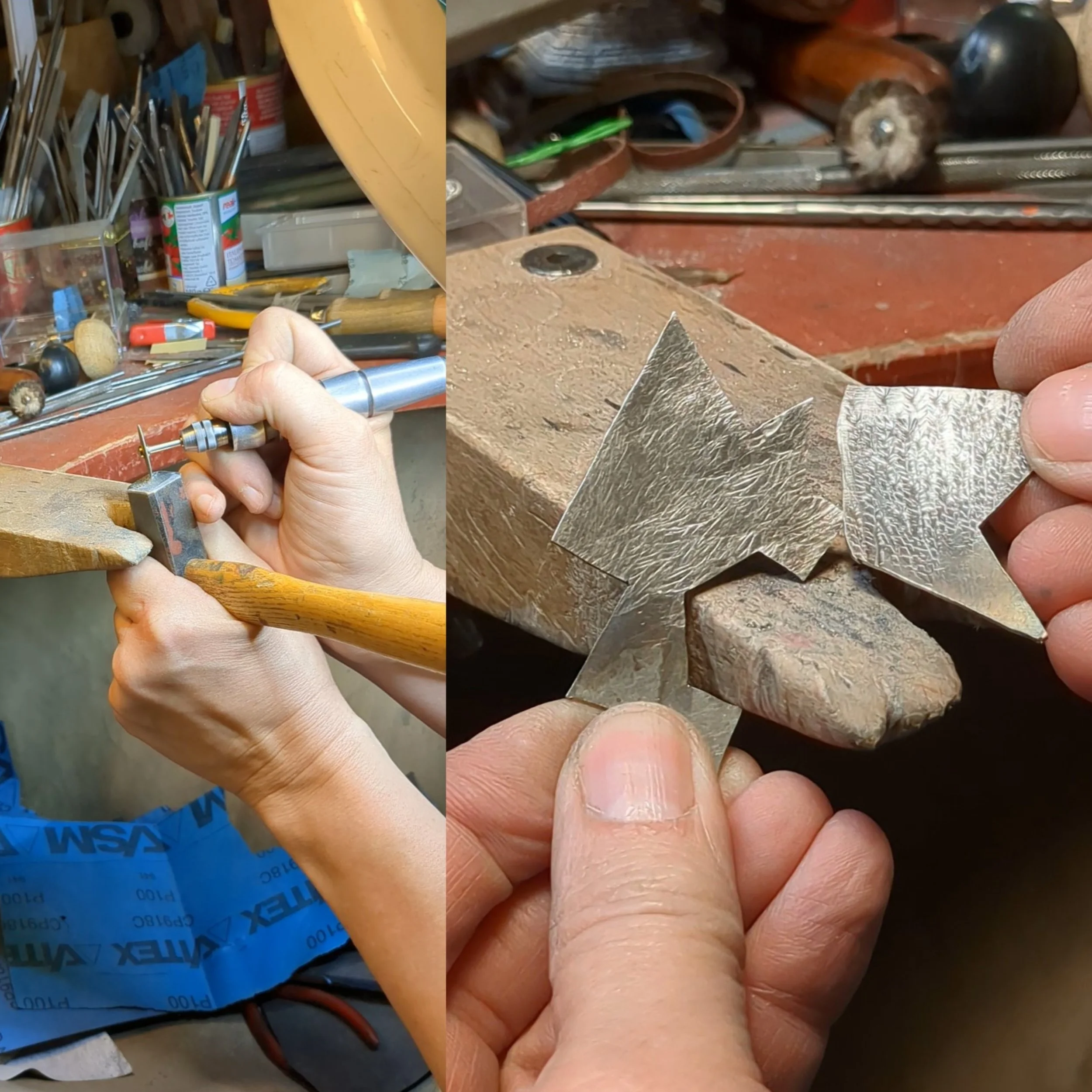 In meiner Goldschmiedewerkstatt bearbeite ich einen Hammer und zeige was für Strukturen damit im Silber entstehen
