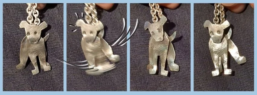 Collage mit dem ersten silbernen Kettenanhänger aus der Kollektion Wackeltiere: Ein Hund, der lustig mit Vorder- und Hinterkörper an einer Kette wackelt.