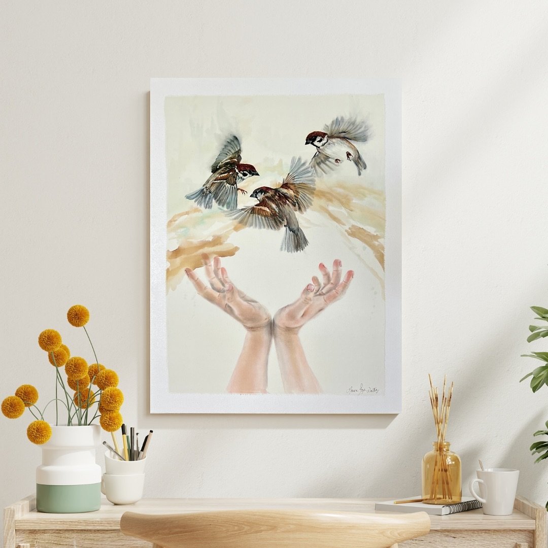 &ldquo;Creative Nexus&rdquo; 
Steam-set, French silk dye on 100% Habotai silk
18 x 24 inches

Three sparrows take flight from open, cupped hands, symbolizing the transfer of creativity into life. This piece serves as a visual representation of the co