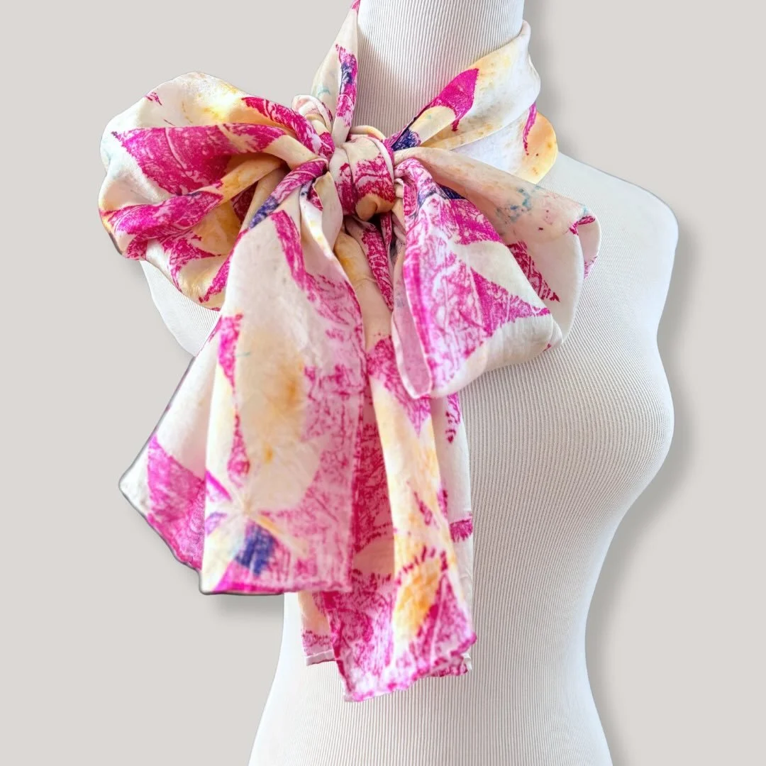 New scarves are now live ✨

This release features eight one-of-a-kind silk pieces, each created through shibori dyeing or eco printing techniques. From the luminous sheen of satin silk to the soft, airy feel of Habotai, every scarf carries its own mo