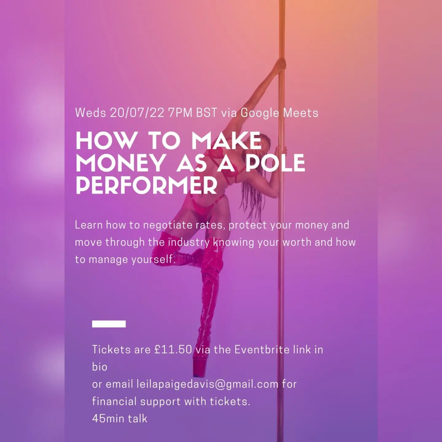 Back by popular demand!
Tickets for the fourth 'How to make money as a pole performer' talk are now live! Follow the linktree to book.
This time the talk is on Google meets and I highly recommend it for those who are considering a career in freelance