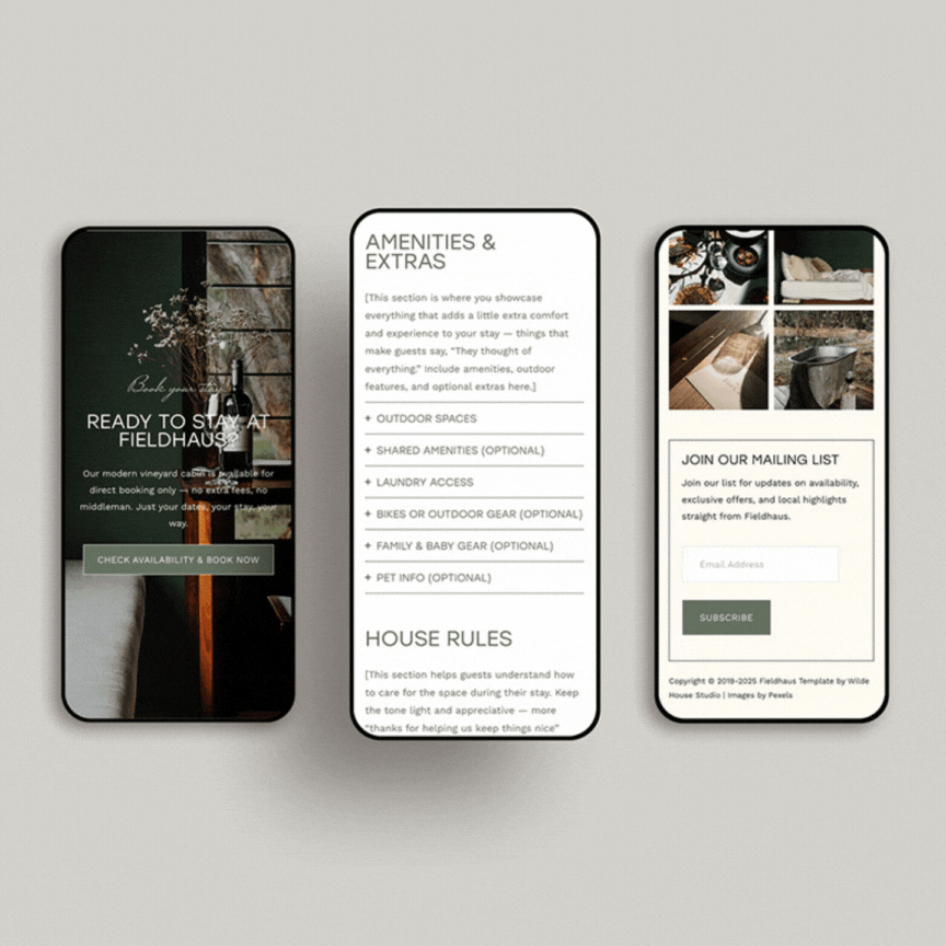 Three smartphones displaying a vacation rental app with sections for amenities, house rules, and mailing list subscription.