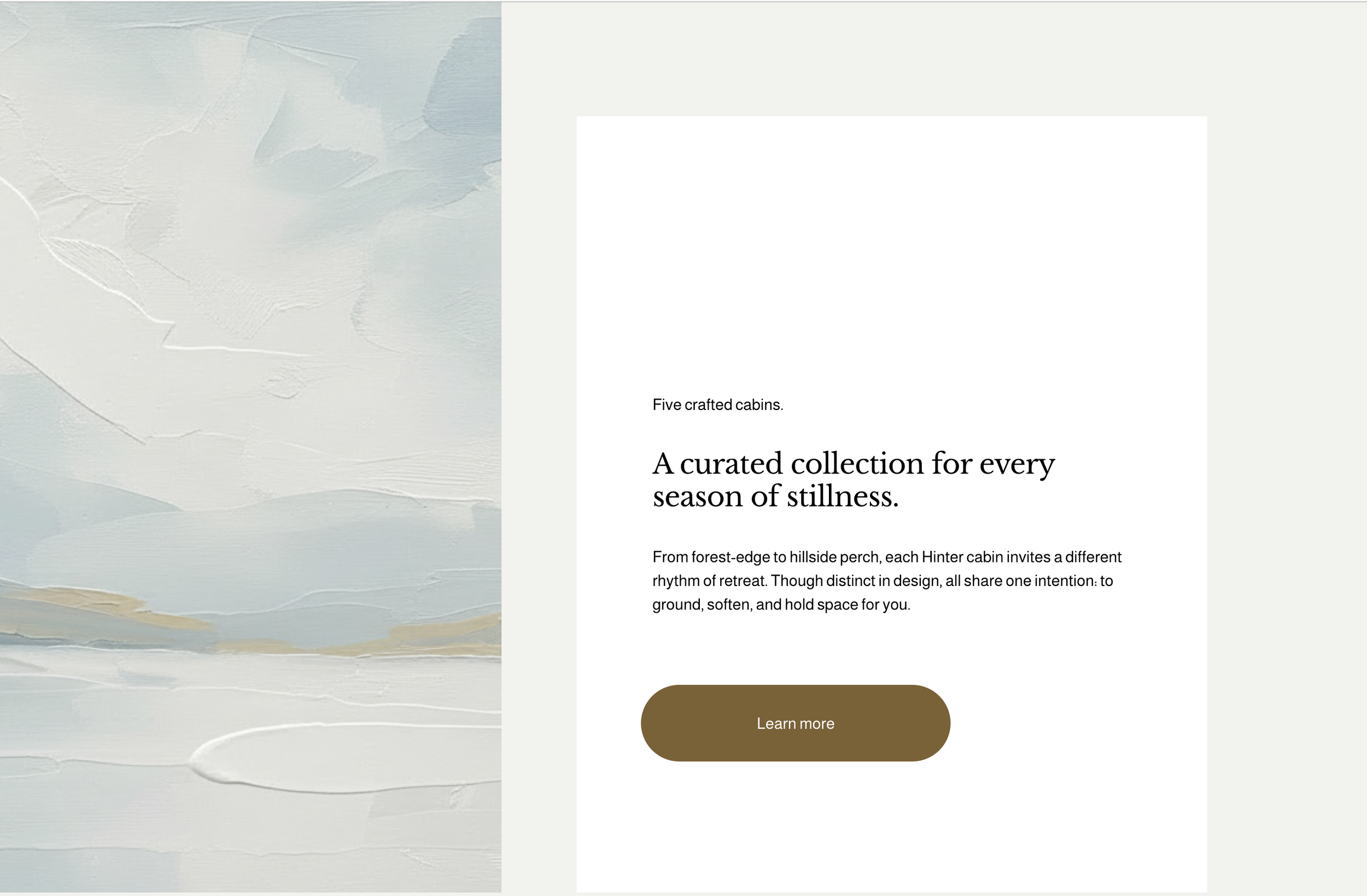 Website displaying an artistic landscape painting with mountains and sky on the left, and text about handcrafted cabins on the right, including a brown 'Learn more' button.