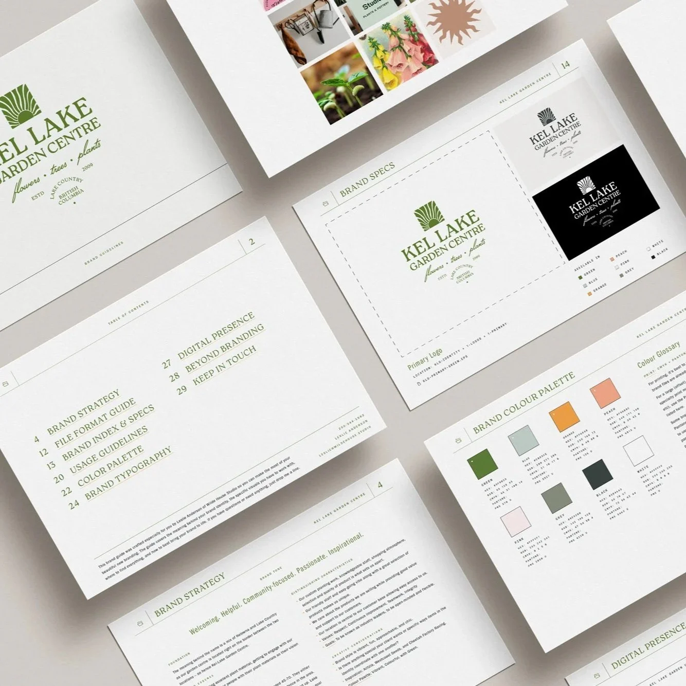 Collection of branding and marketing documents for Kel Lake Garden Centre, including logo options, color palette, and branding guidelines.