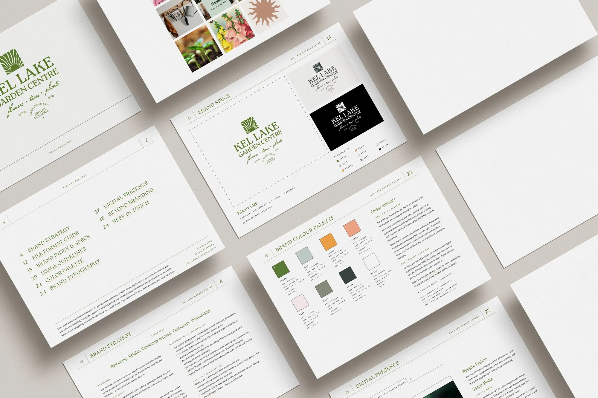 Collection of branding and marketing documents for Kel Lake Garden Centre, including logo specifications, color palette, and brand guidelines.