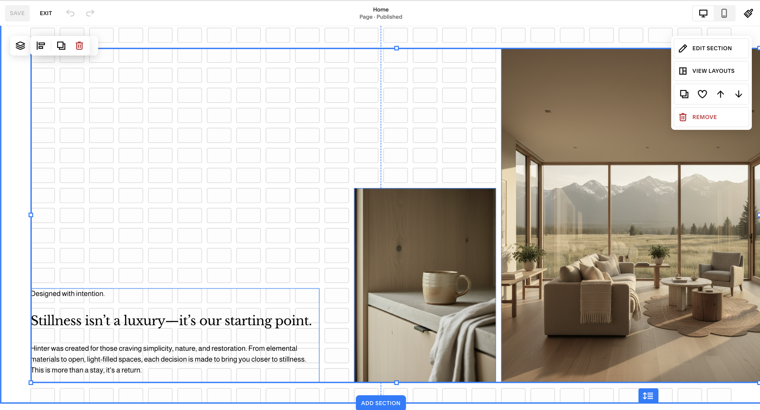 A website section visual UI/UX with sample web copy and images of an interior living room with floor-to-ceiling windows showing a mountain landscape, beige furniture, and decorative plants.