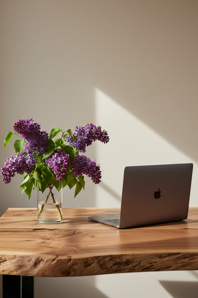 A wooden desk with a silver MacBook and a glass vase with purple lilac flowers and green leaves, with sunlight casting a shadow on the plain beige wall behind.