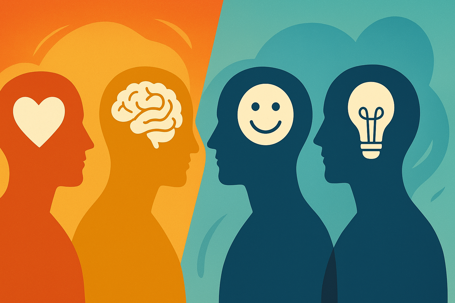 Illustration de deux paires de silhouettes de têtes, chaque paire ayant des expressions et symboles différents dans la tête, représentant des émotions et des idées, avec un fond dégradé de couleurs.