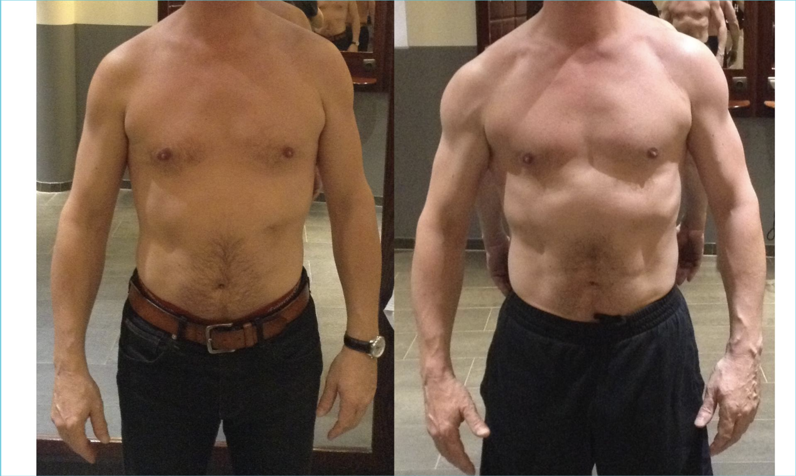 Photo de deux hommes torse nus, montrant une transformation physique, avec un homme plus corpulent à gauche et plus musclé à droite.