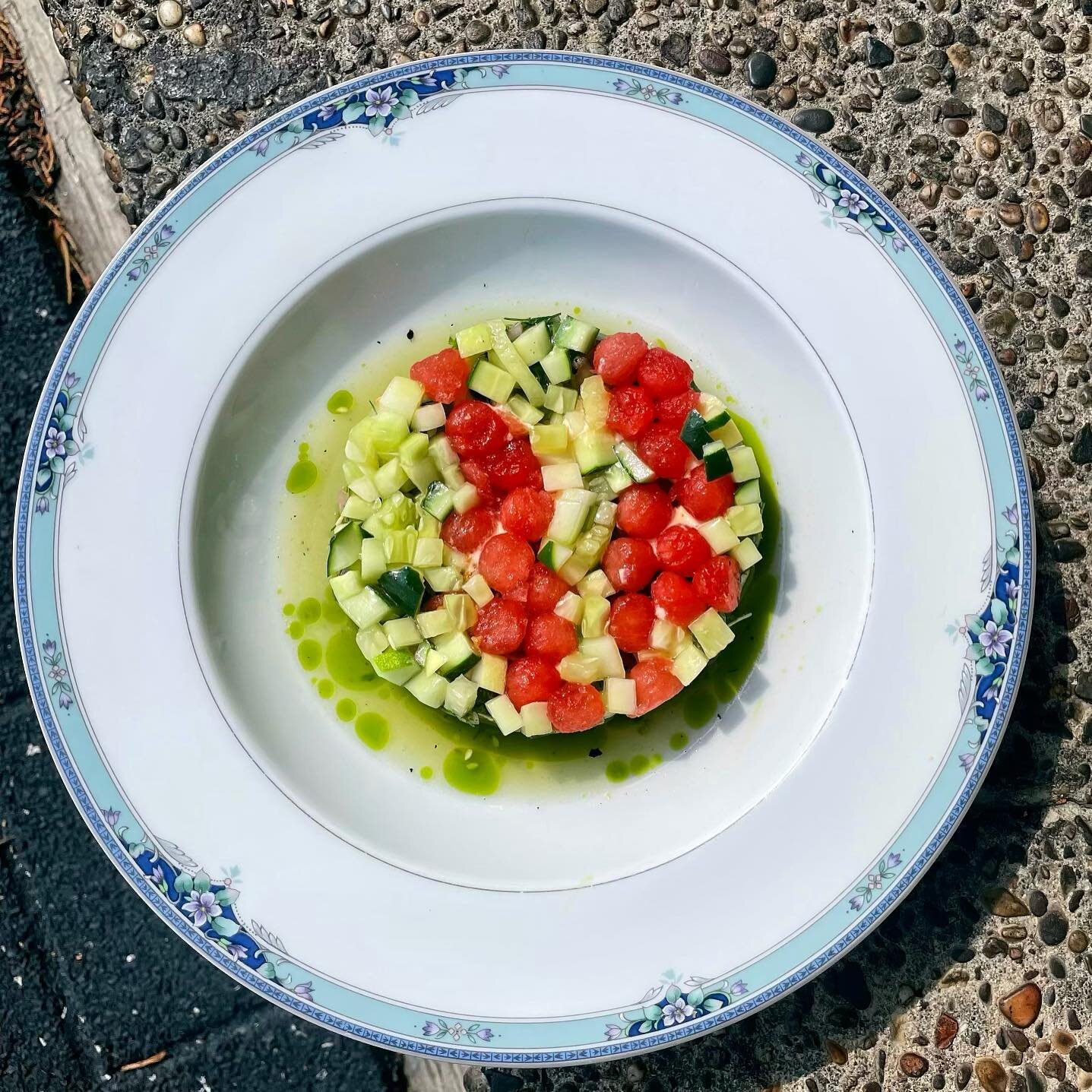 New dish alert. We&rsquo;re talking cucumber, watermelon (and pickled watermelon rind), ricotta, &amp; fermented chili. Cukes from @3springsfruit and @greenmeadowfarmpa.