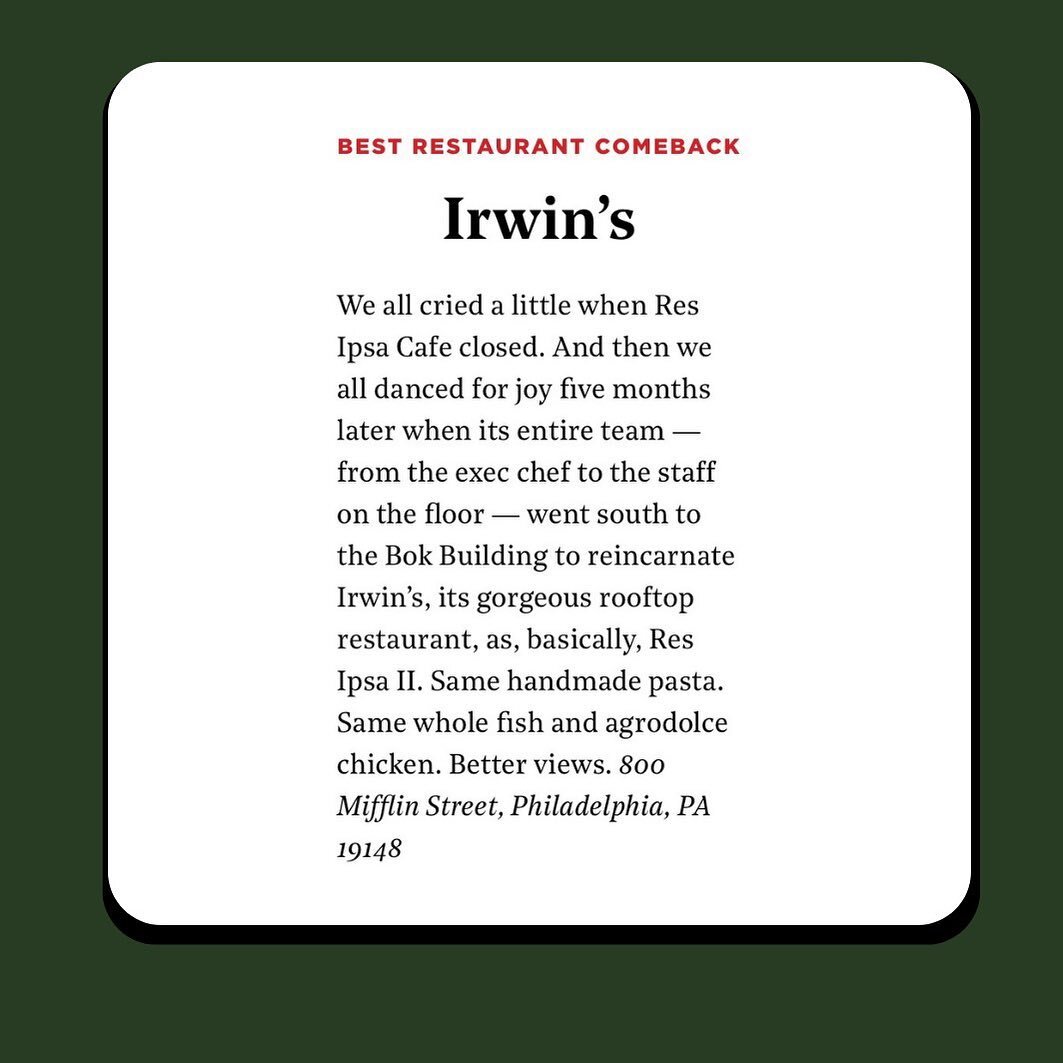 We&rsquo;re really proud of this one. Honored and humbled to be named Best Restaurant Comeback by @phillymag. 

As restaurants around the country begin to reopen, this feels particularly special. We couldn&rsquo;t have done it without our amazing tea