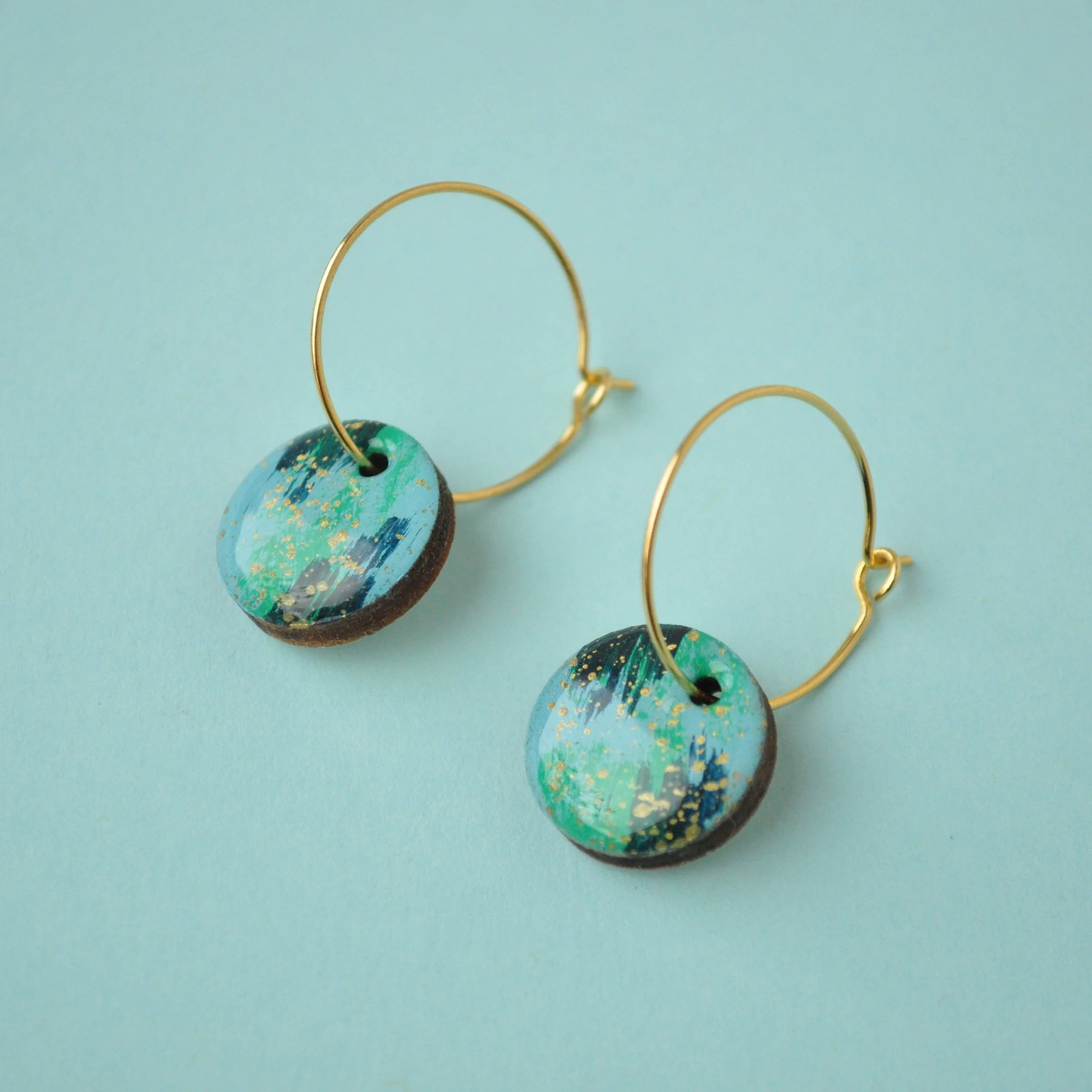 Blue and green arty coastal earrings