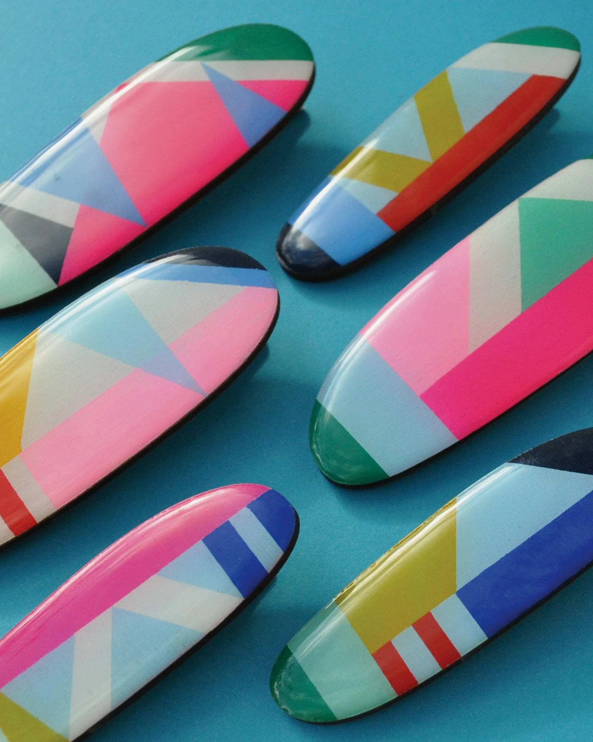 Loving my new geometric hair slides 😍 

Hand painted designs inspired by colourful sails &ndash; these little wooden beauties the perfect summer accessory to keep hair up and stay cool!

Handmade in Cornwall using FSC certified wood and finished wit