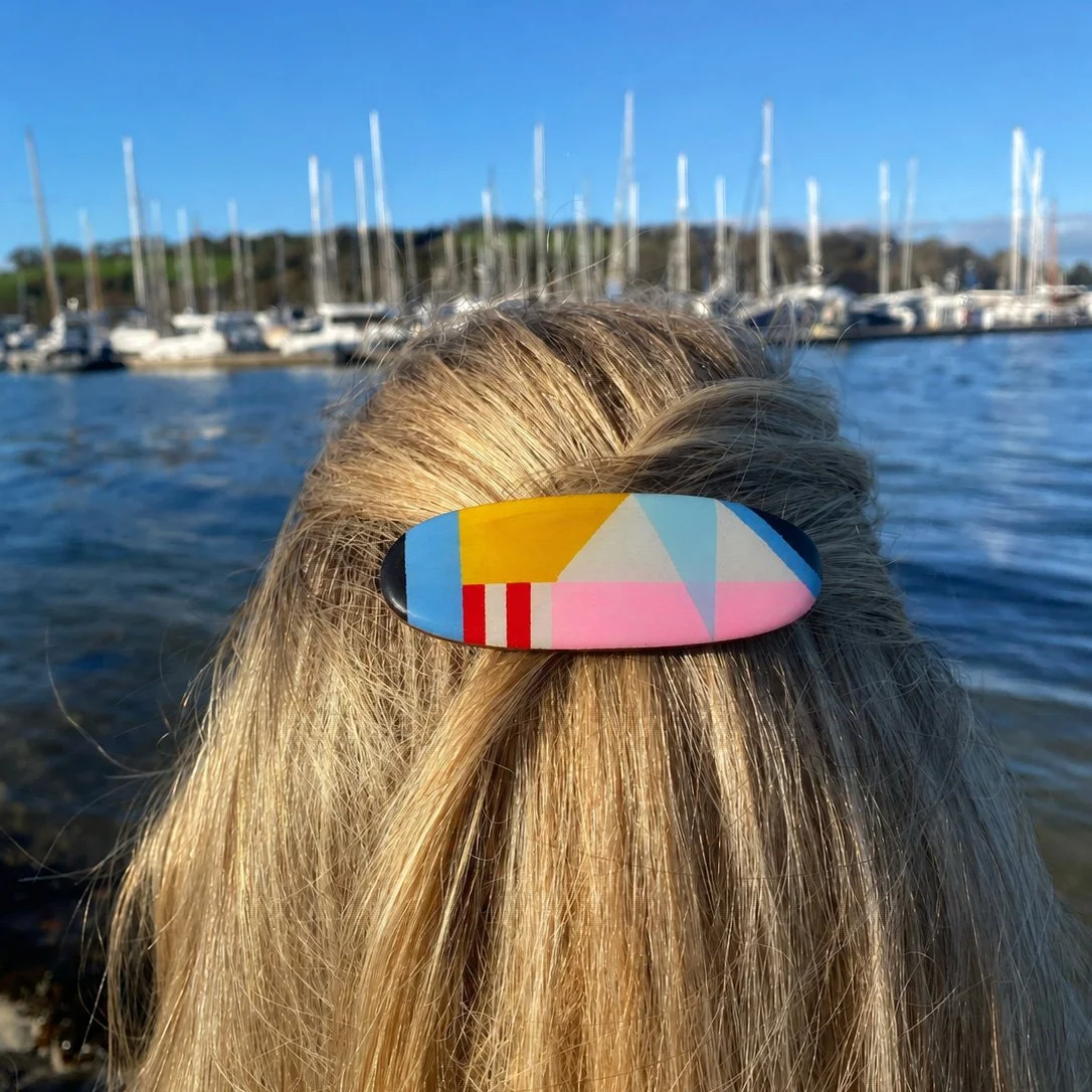 wooden hair clip colourful coastal geometric design