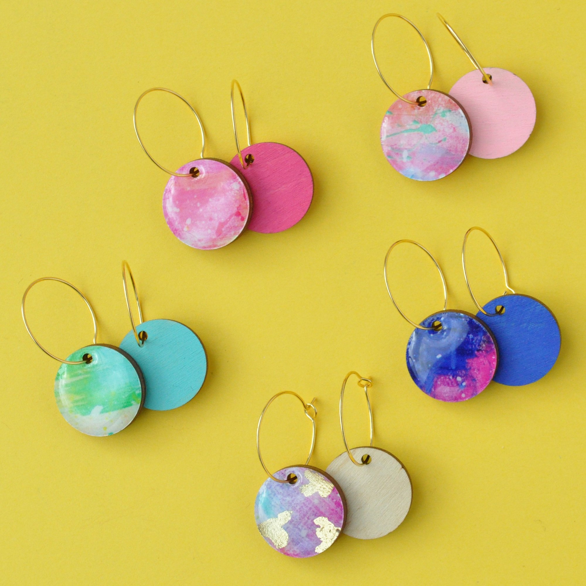 colourful arty wooden hoop earring