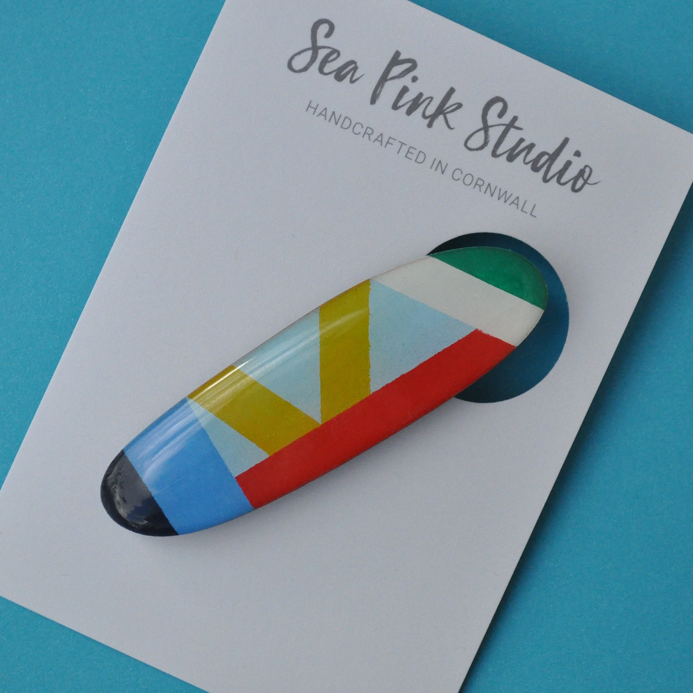 wooden hair clip colourful geometric design