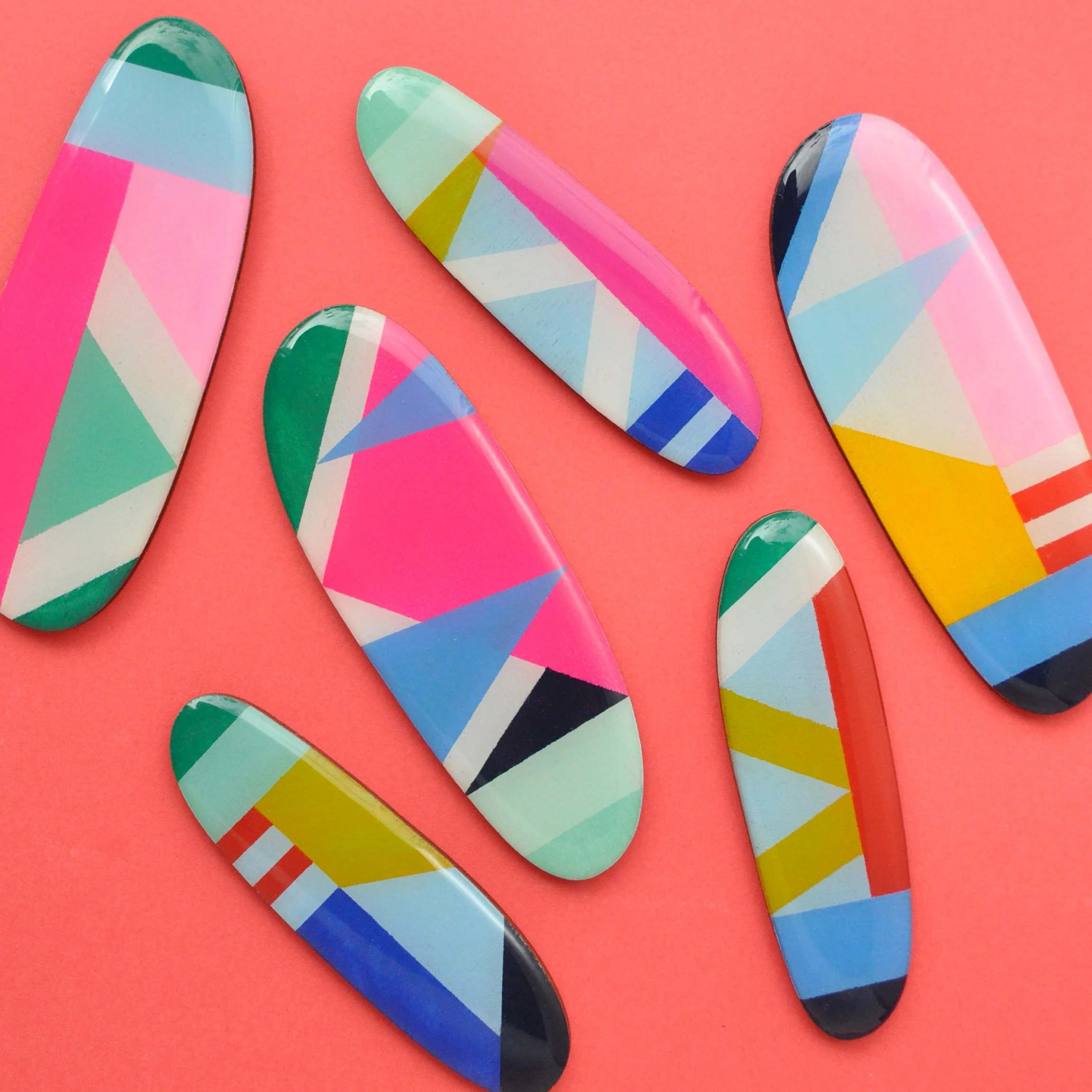 wooden hair clips colourful geometric designs