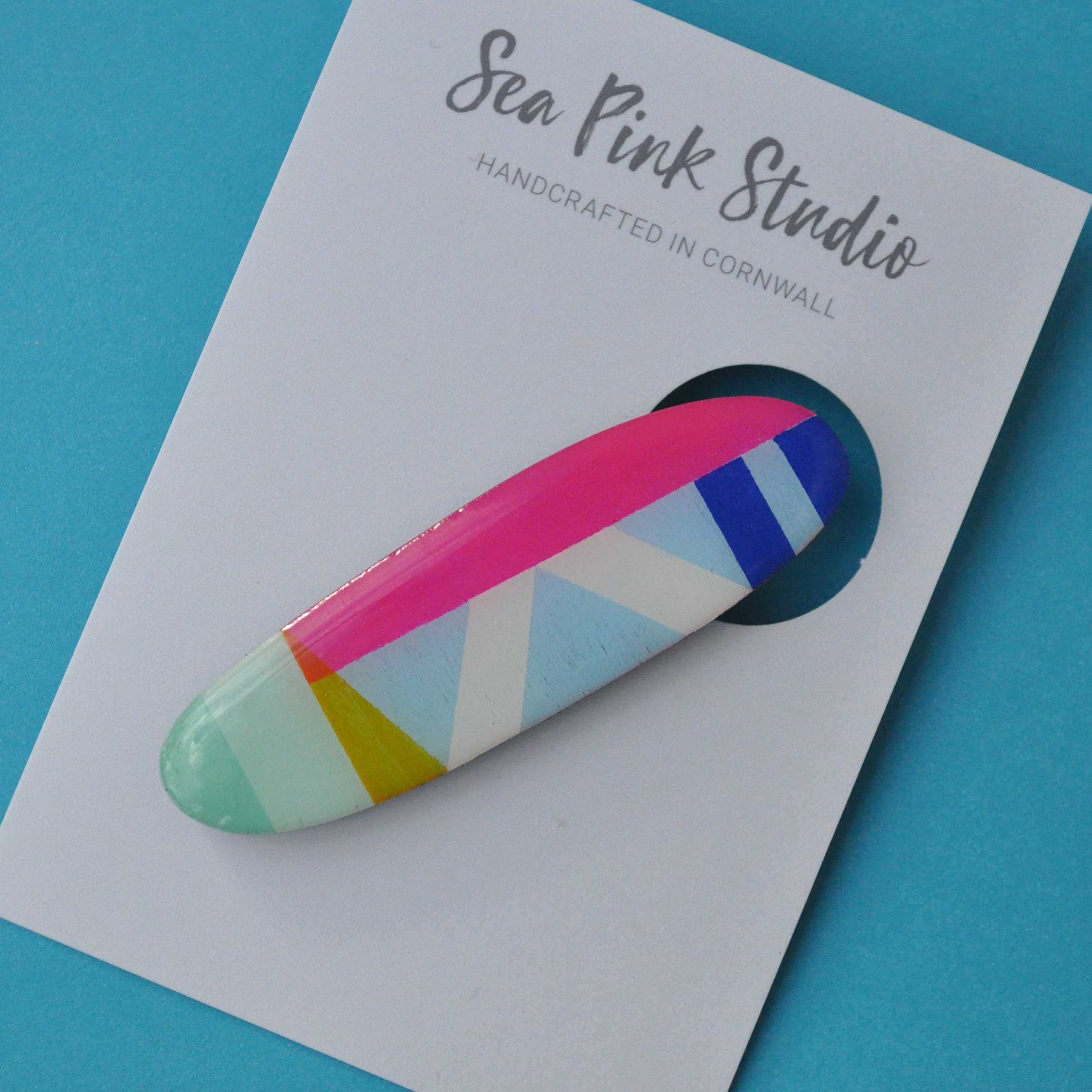 wooden hair clip colourful geometric design