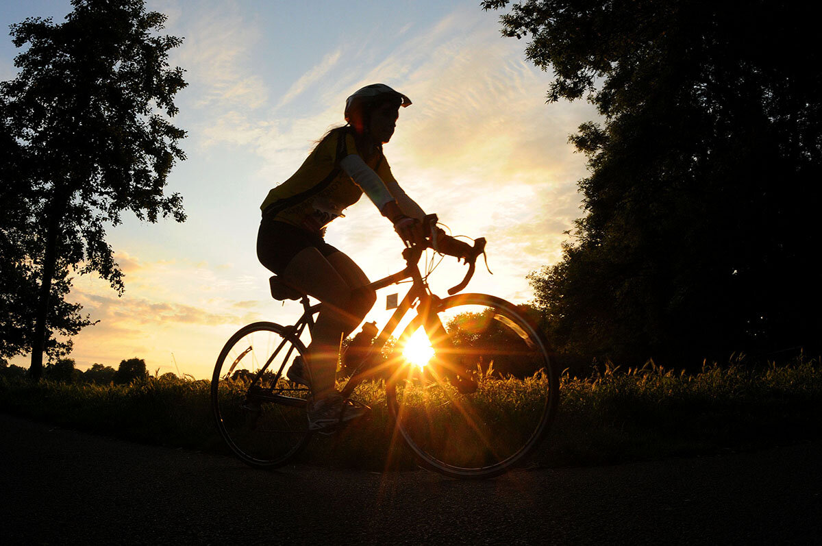 A person riding a bicycle at sunset with trees in the background.