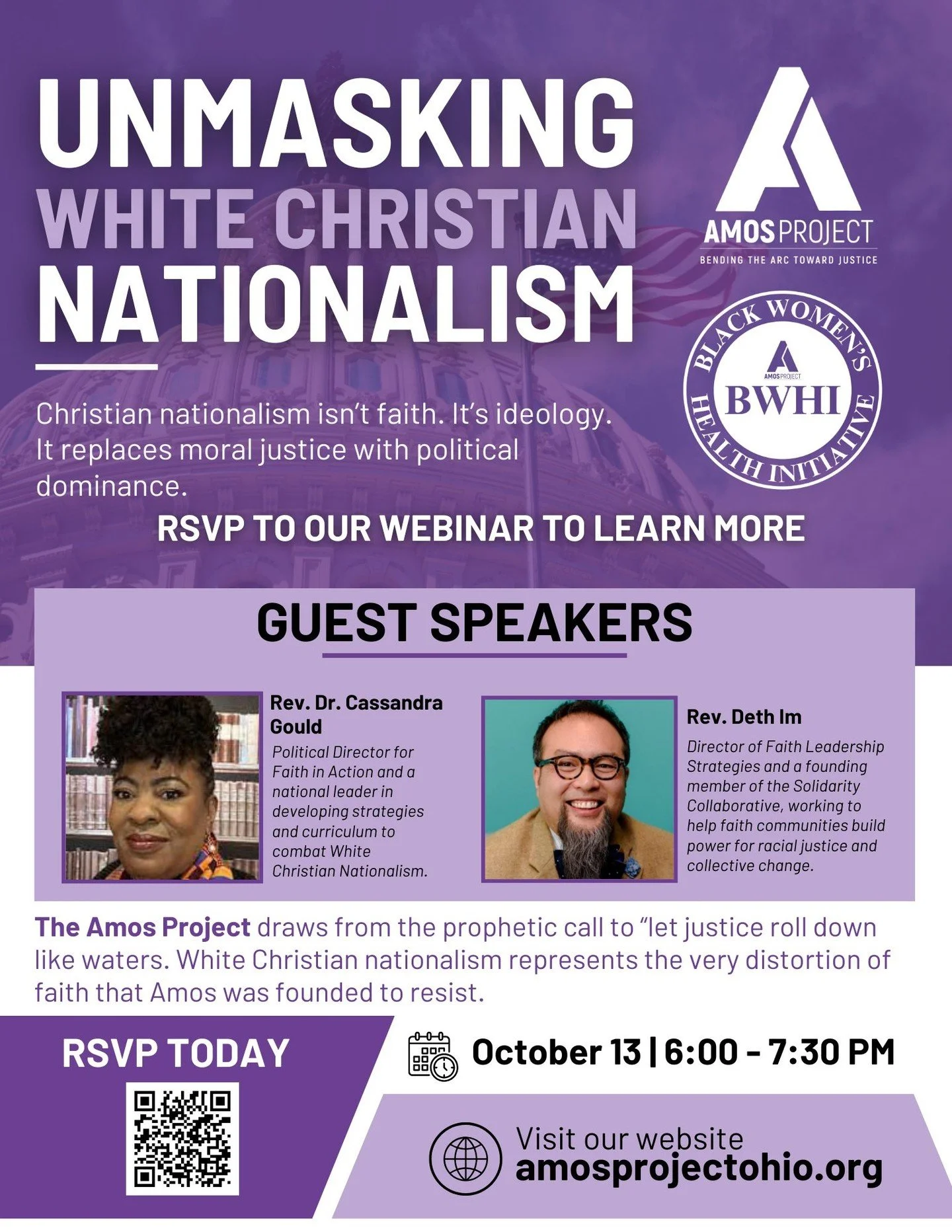 Join us October 13 for a virtual conversation on unmasking white Christian nationalism with Rev. Dr. Cassandra Gould and Rev. Deth Im.
RSVP: