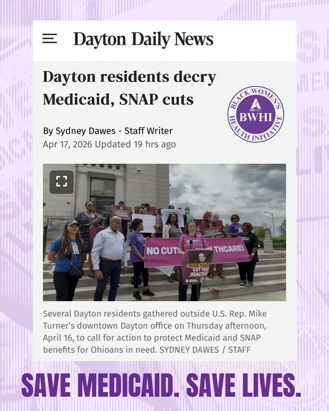 We gathered outside Rep. Mike Turner&rsquo;s office to talk about how changes to Medicaid, Medicare, and SNAP  will impact people living in Montgomery County. 

A &ldquo;yes&rdquo; vote on the big ugly bill is a yes vote on the death sentence of our 