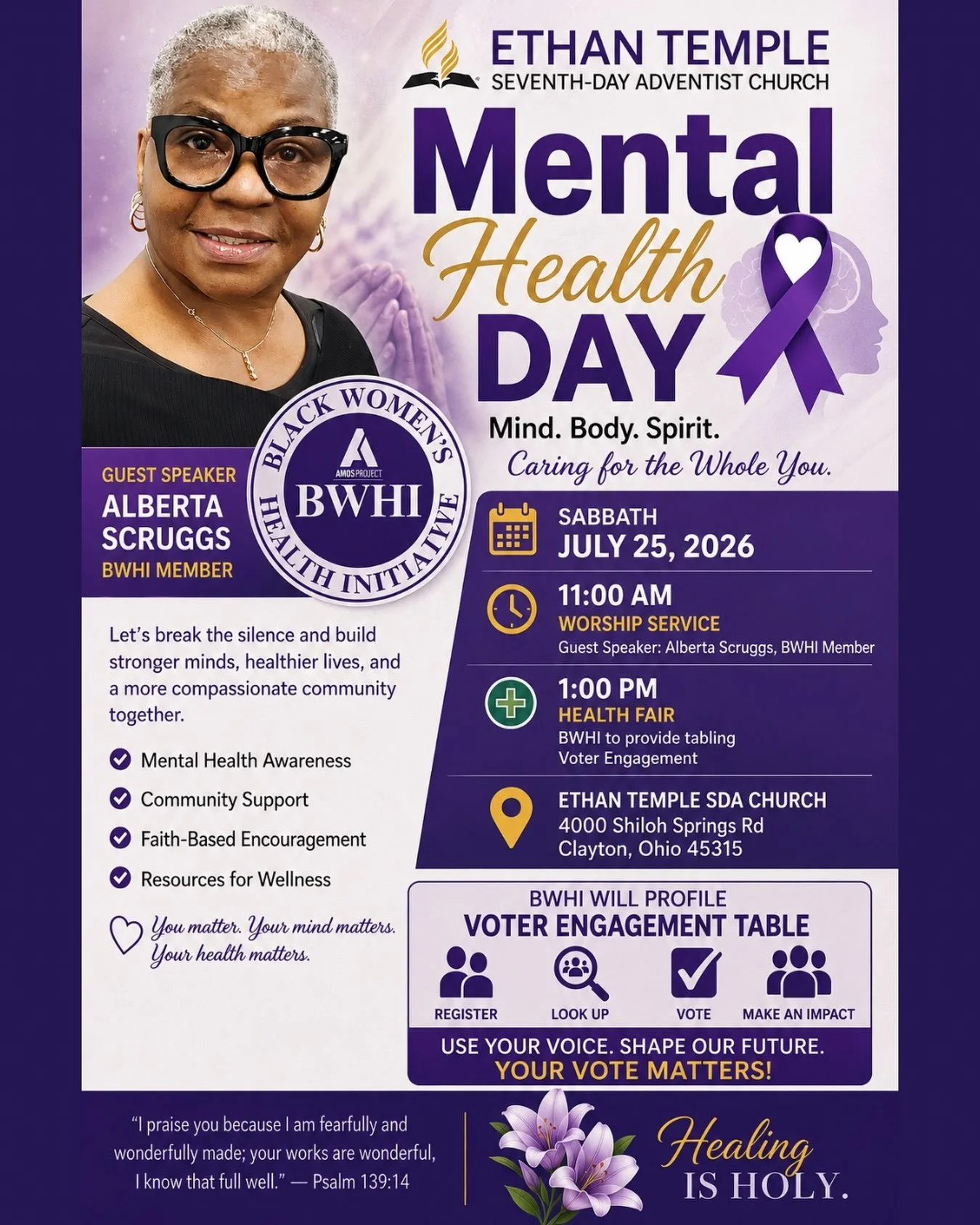 Join the Black Women&rsquo;s Health Initiative at Ethan Temple Seventh-Day Adventist Church for a day dedicated to caring for the whole&mdash;mind, body, and spirit. 

📆 Sabbath, July 25
🕚 11:00 AM: Worship Service with guest speaker Alberta Scrugg