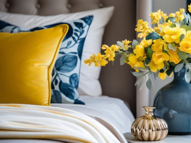 Lovely bedroom with yellow flowers in a vase.jpeg