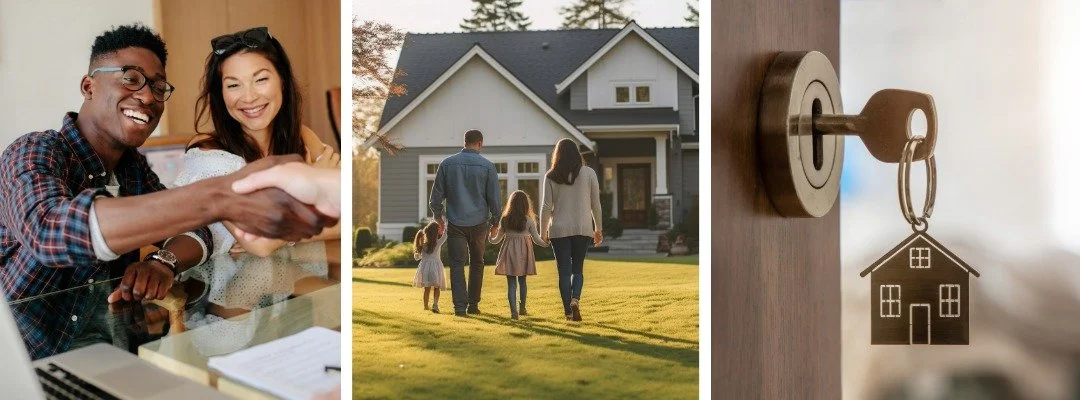 Home buyers reviewing paperwork, a family walking toward a house, and a house key in a door, representing buyer considerations in the Conway and North Conway real estate market
