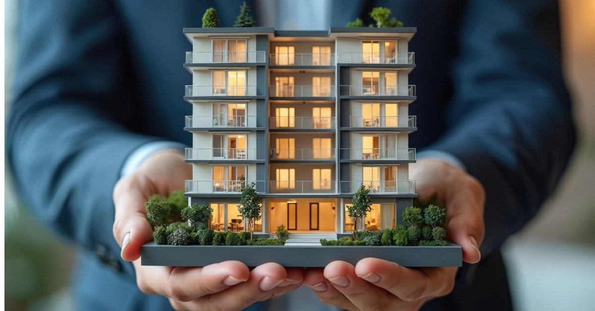 Hands holding a scale model of a multi-story condominium building, representing the investment and due diligence involved in buying a condo in Mt. Washington Valley