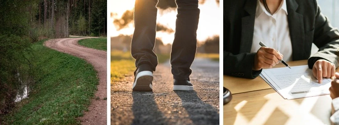 collage of 3 images - image one in a dirt road with grass edging, image 2 is a close of a a mans legs and feet as he walks down a road and image 3 is of a contact signing