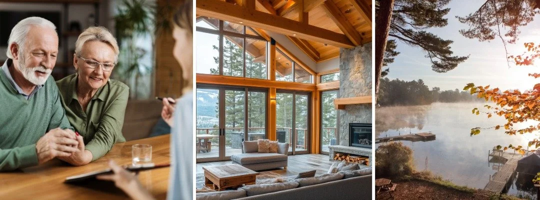 collage of a couple reviewing a sales agrrement with their realtor, a living room with vast mountain views, and a lake photo with docks