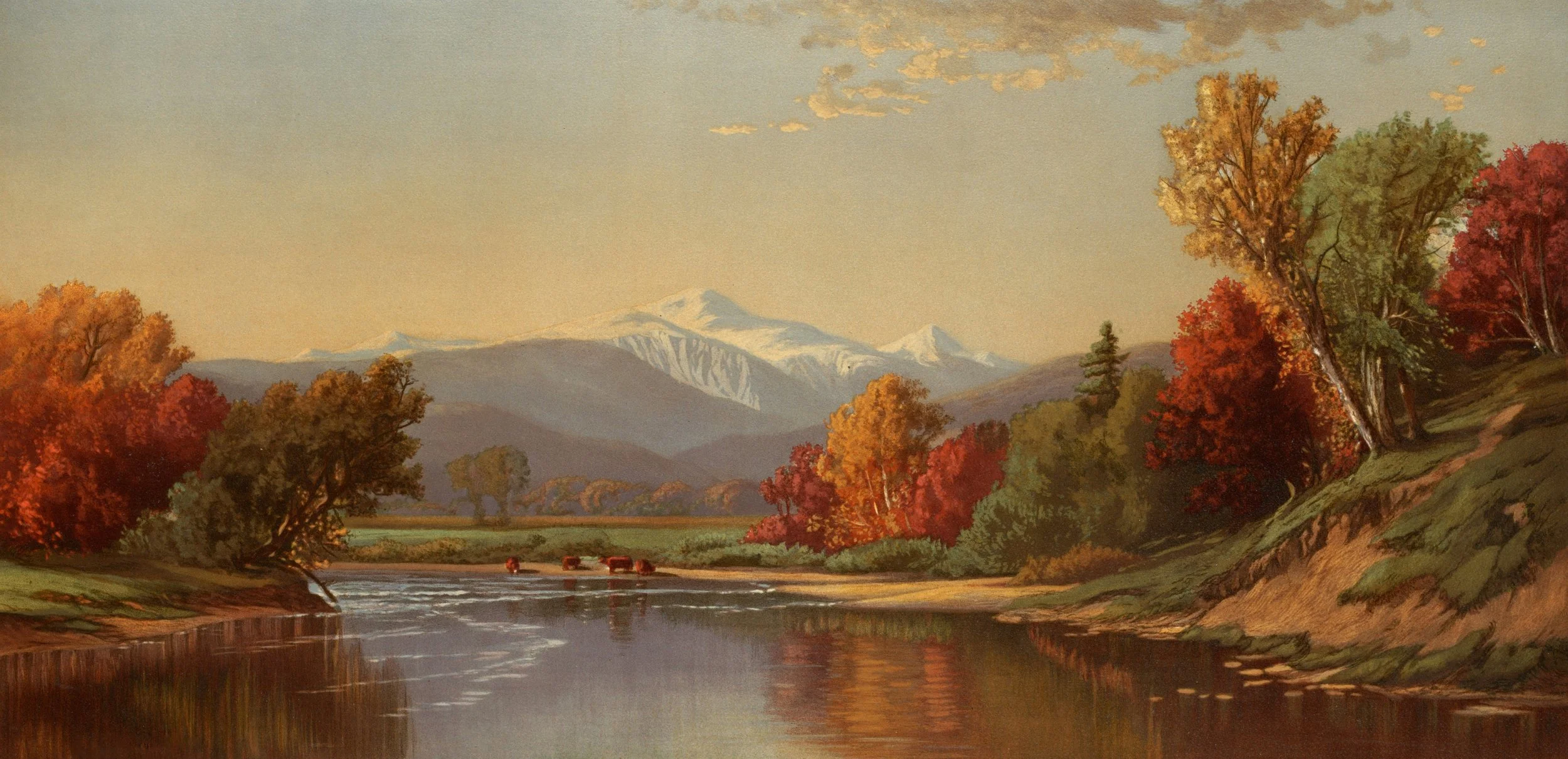 painting of a river with mountains in the background - North Conway vs Jackson NH