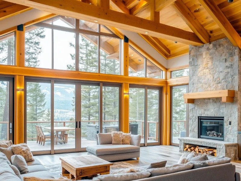 mountain home interior living room with fireplace and views to the skislopes out expansive windows