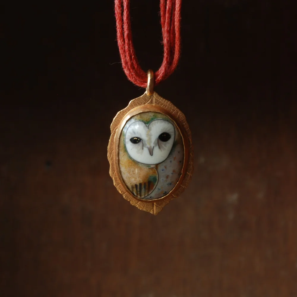 enamel barn owl in gold — Sarah Vourda Enamels