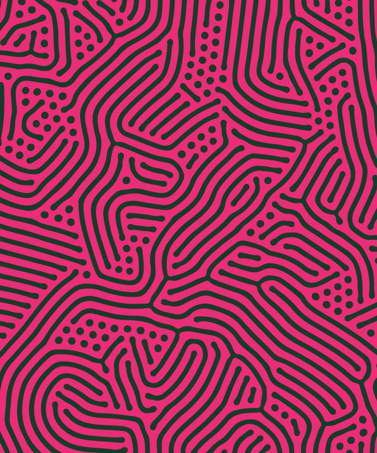 Pink and black maze pattern with curved lines and dots.