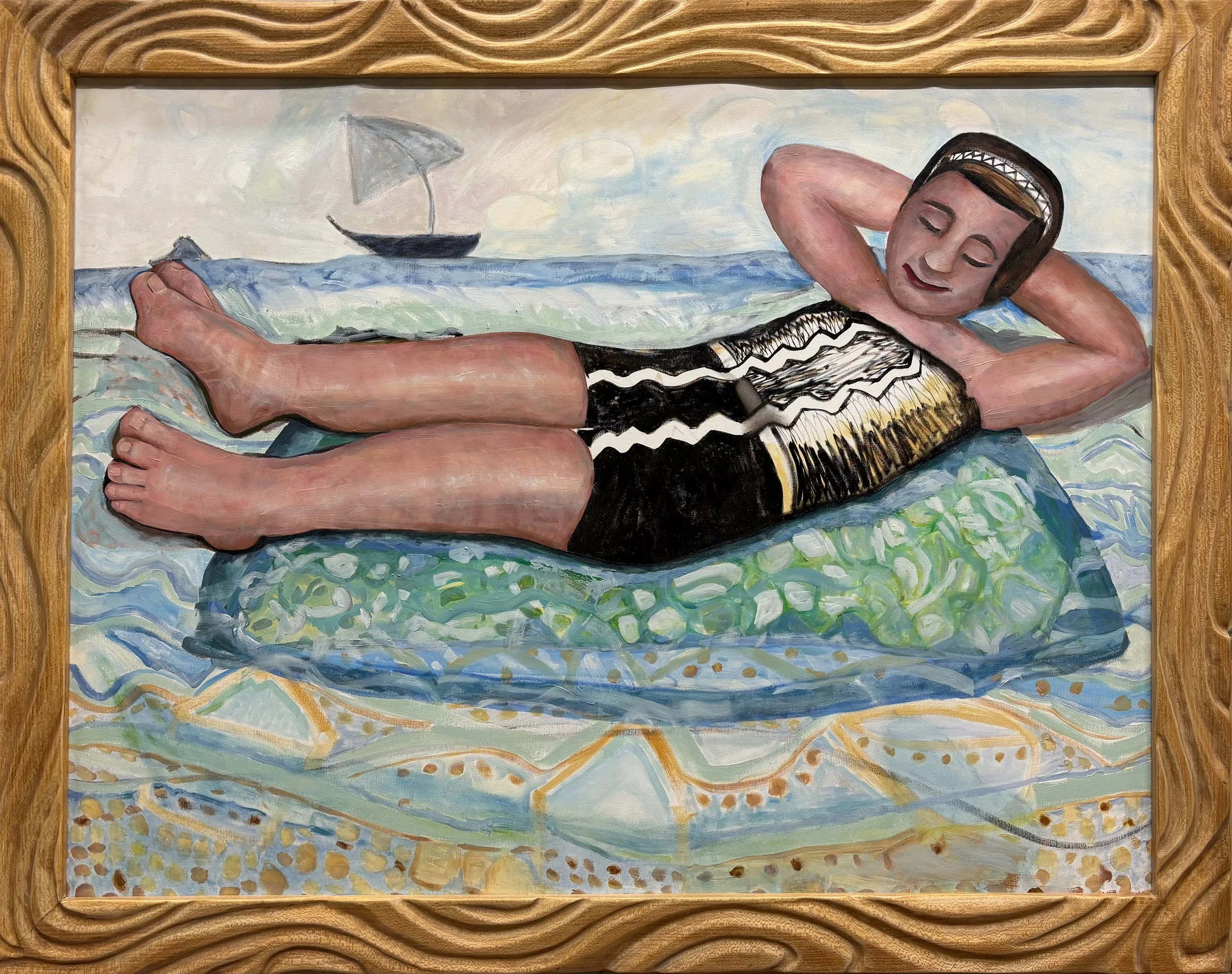 Woman Floating 
Oil on canvas in hand carved sycamore frame, 34"H x 44"W