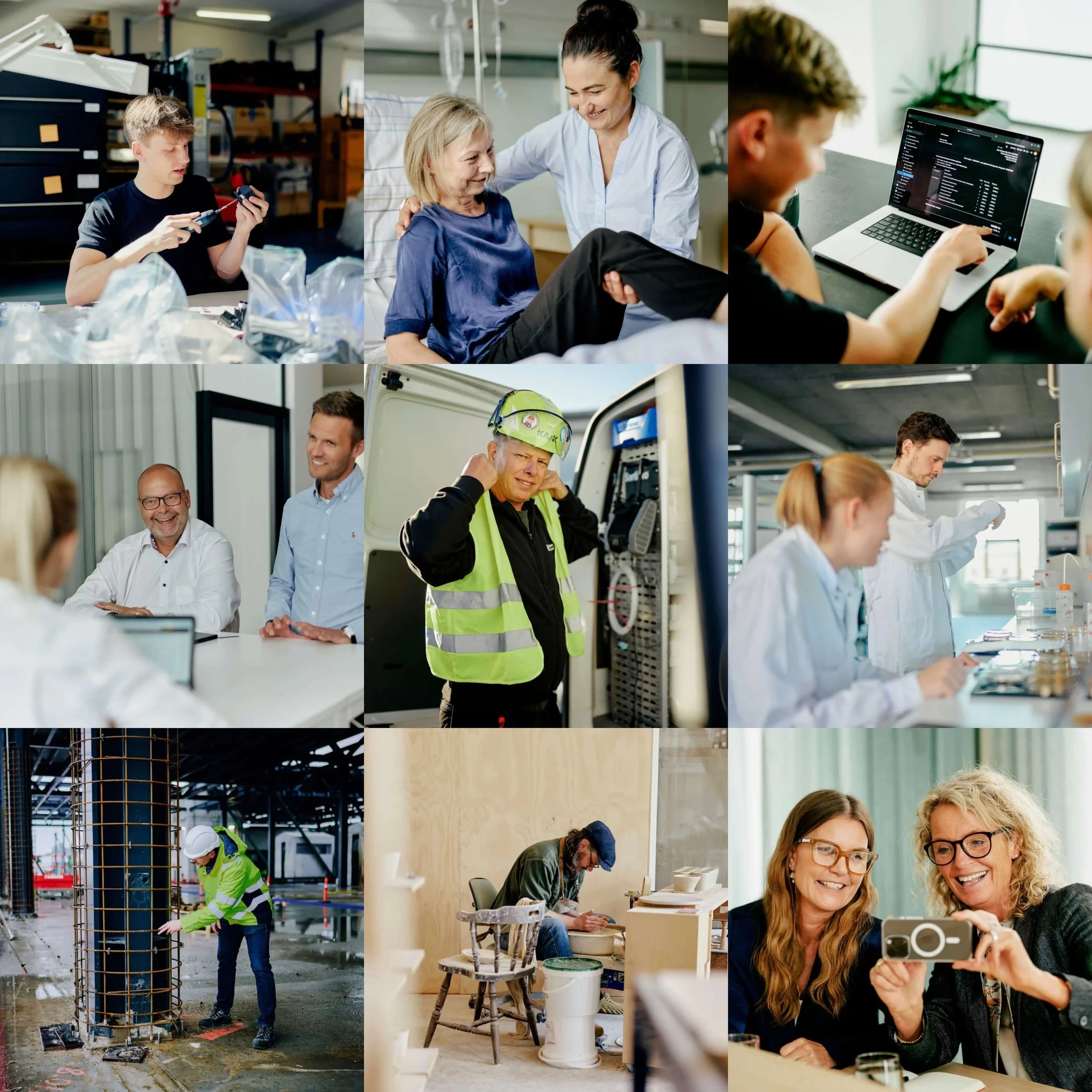 collage af miljøbilleder fotograferet rundt omkring på skoler og arbejde