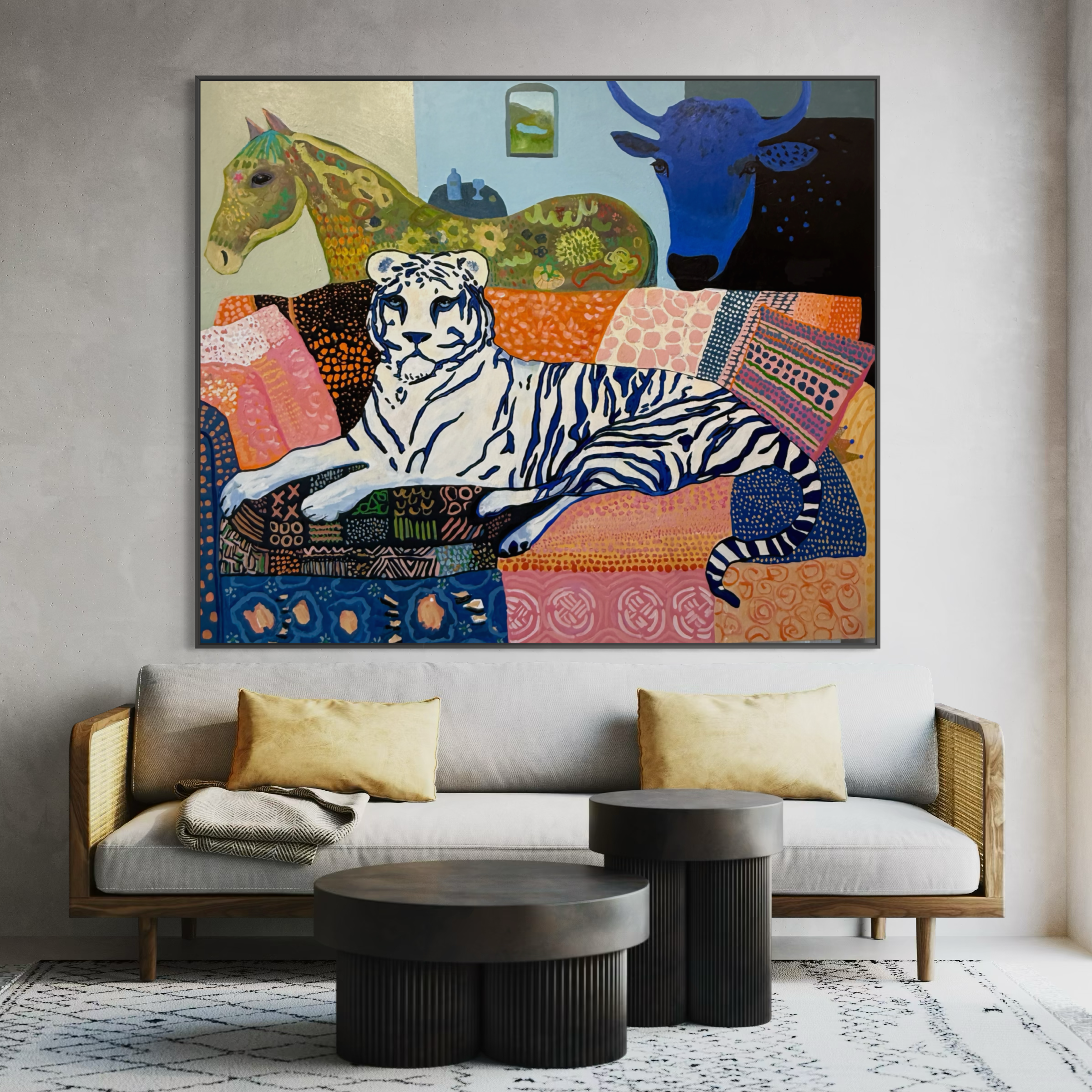The Sofa Situation displayed above a cream sofa in a contemporary living room.