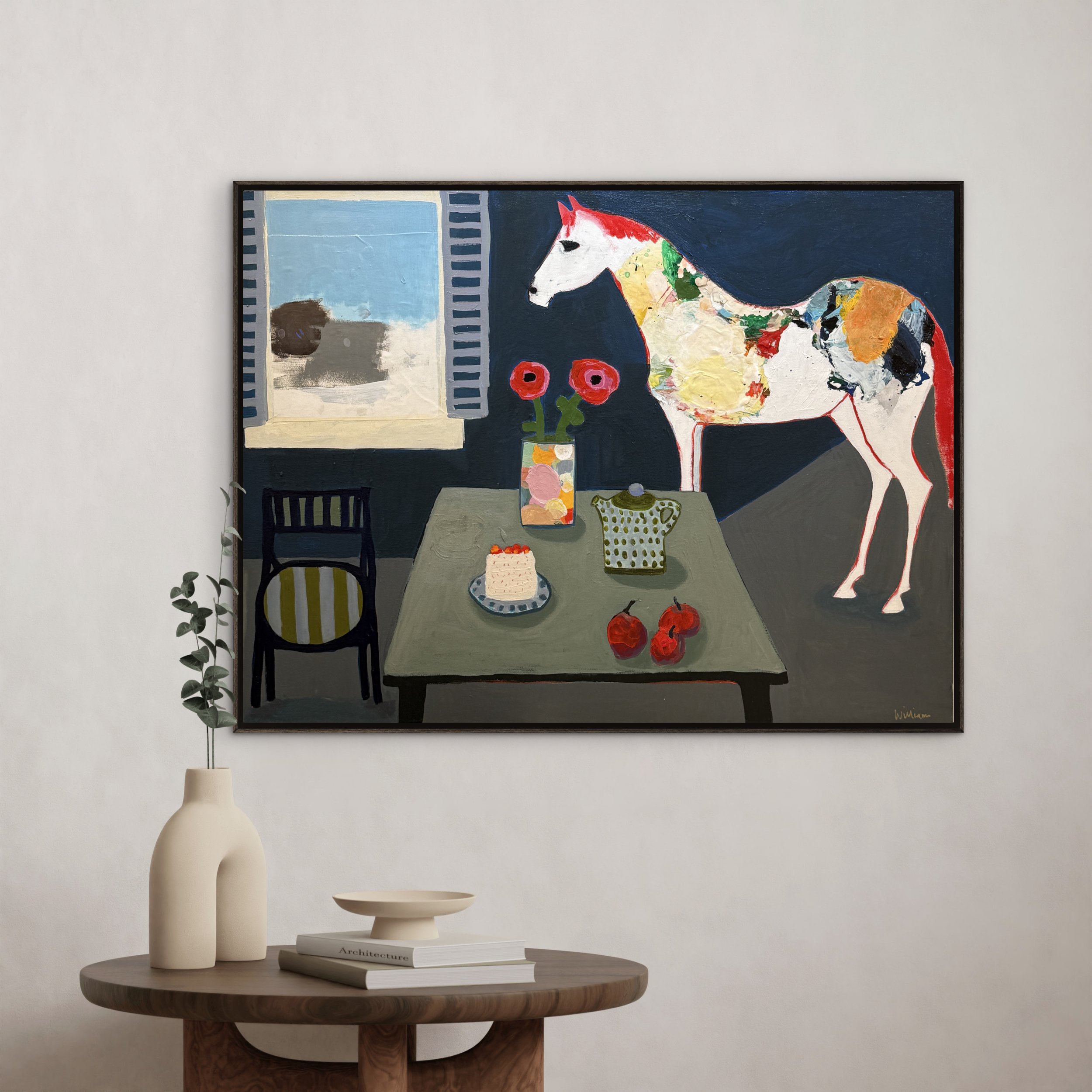 Not About the Cake, original contemporary still life painting featuring a table setting with cake, flowers, fruit, and a white horse positioned beside the table in an interior space.