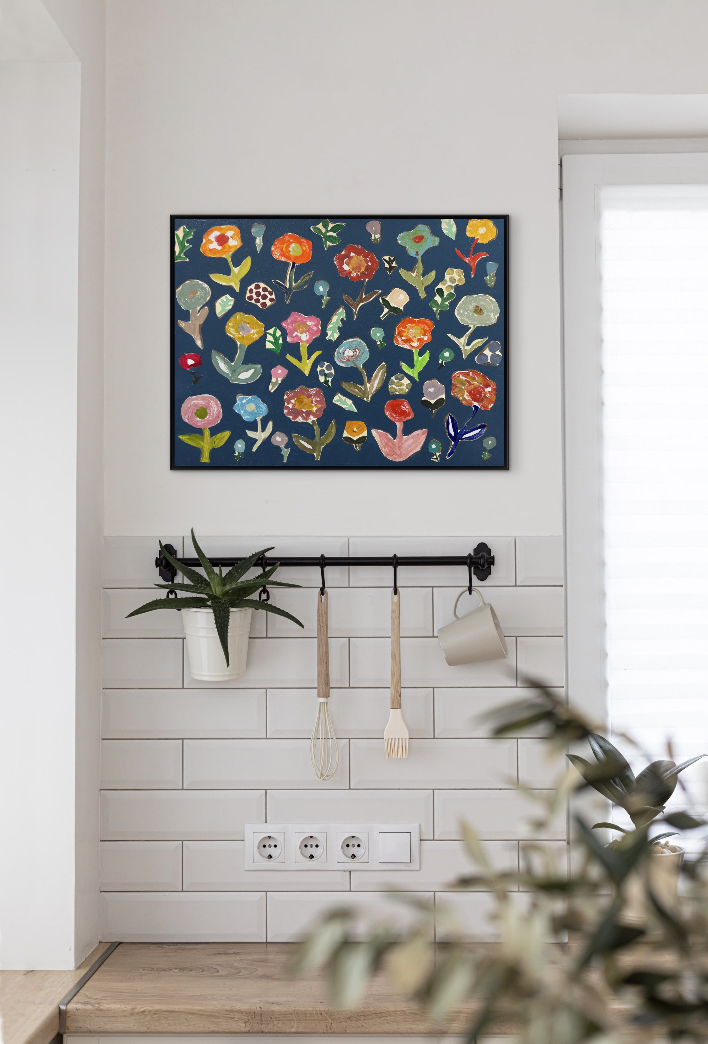 Before the Arrangement, original contemporary painting featuring scattered flowers and botanical forms across a blue surface, suggesting a floral worktable before flowers are arranged.