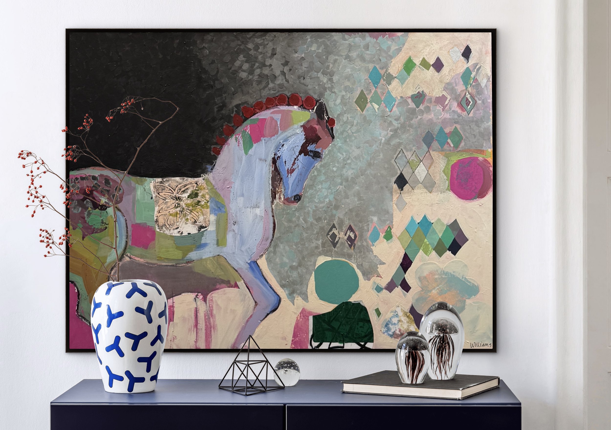 Between Steps, original contemporary painting featuring a white horse in motion against layered geometric patterns and a blue-toned background.