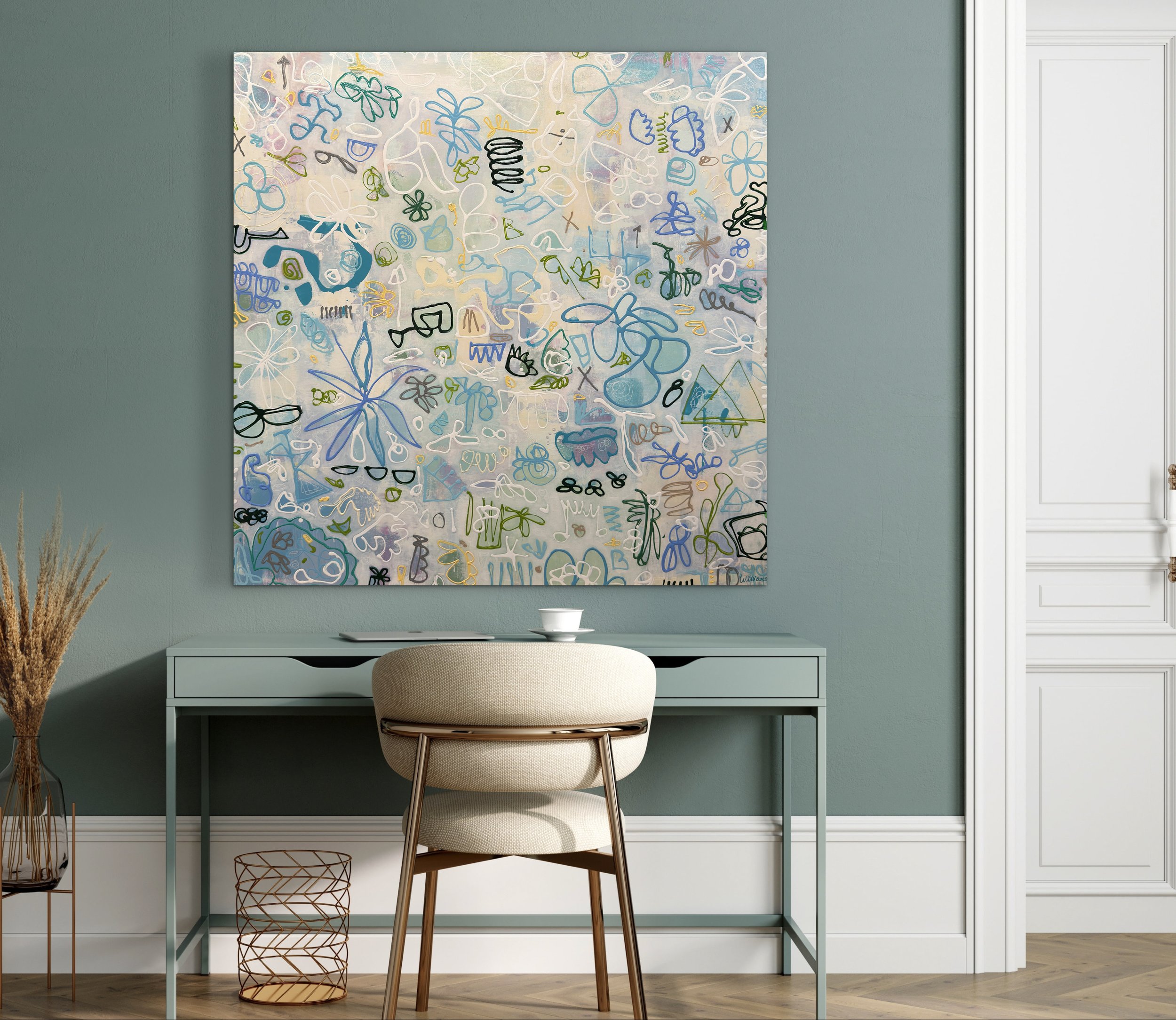 Never Ending List by Elizabeth Williams displayed above a slim green console table and chair against a muted teal wall.