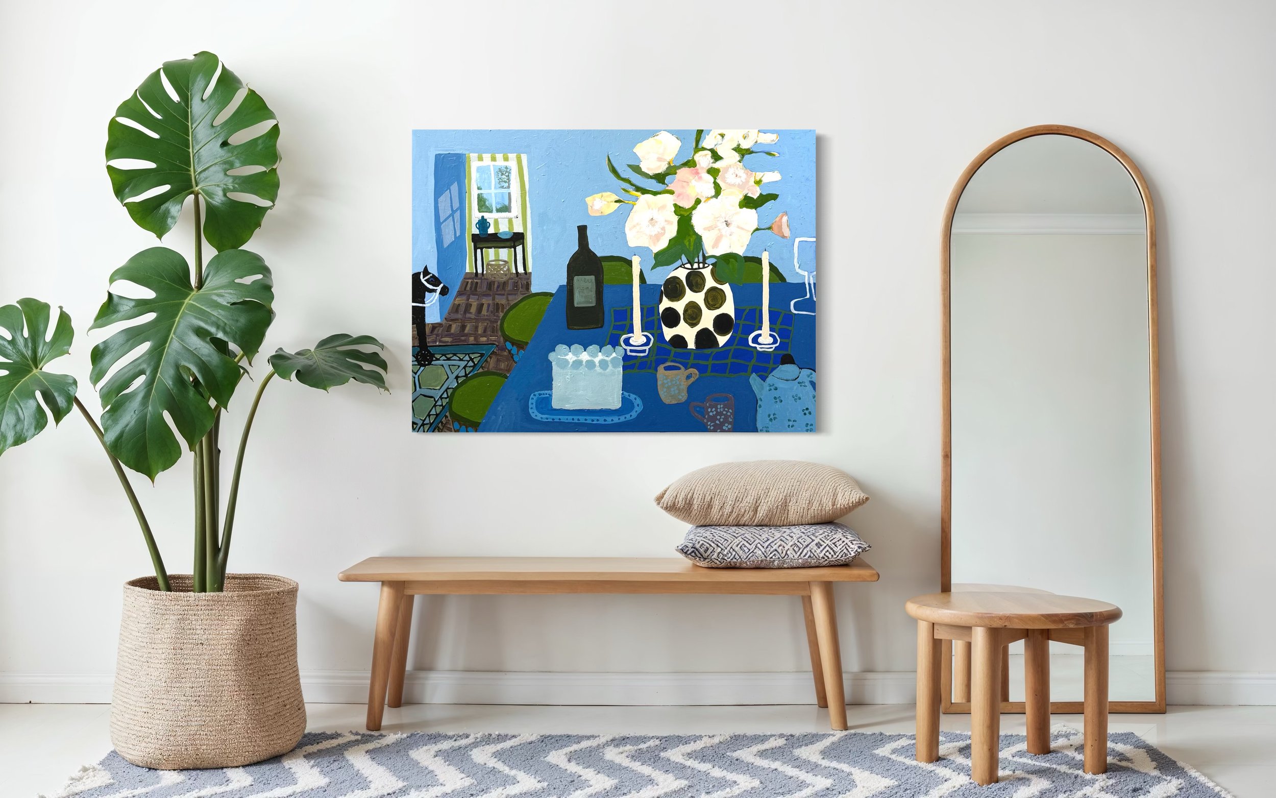 Before the Cake, original contemporary still life painting featuring a blue table setting with candles, flowers, a wine bottle, and an open doorway.