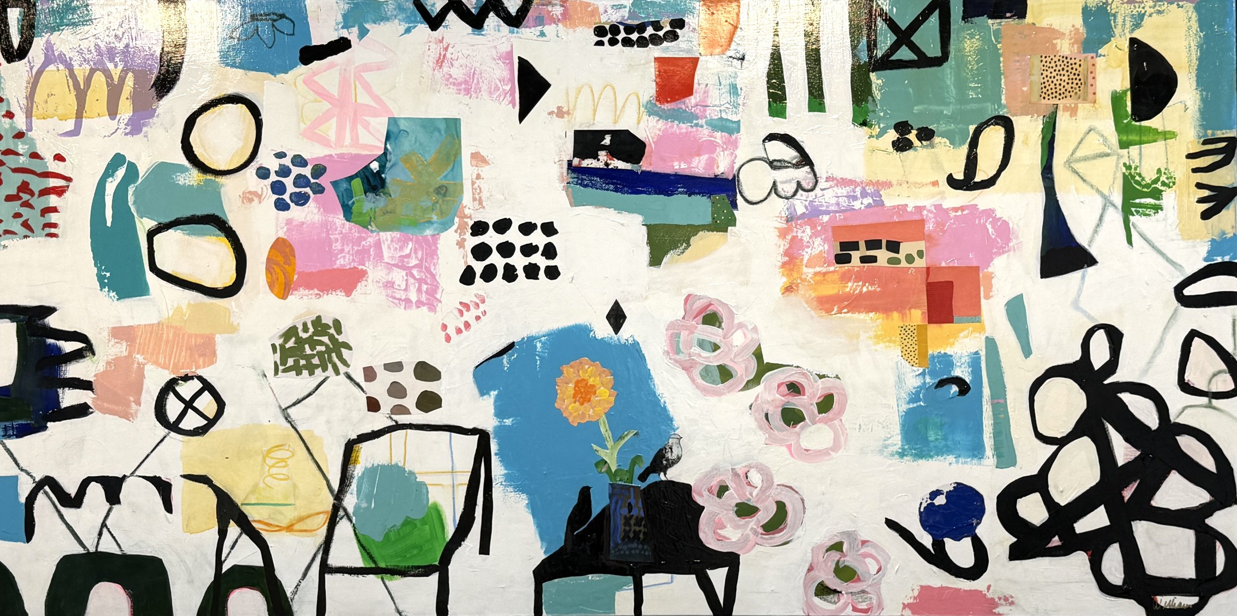 Skipping Through Saturday Light, an abstract mixed-media painting by Elizabeth Williams with colorful hand-drawn forms, chairs, flowers, patterns, and gestural marks.
