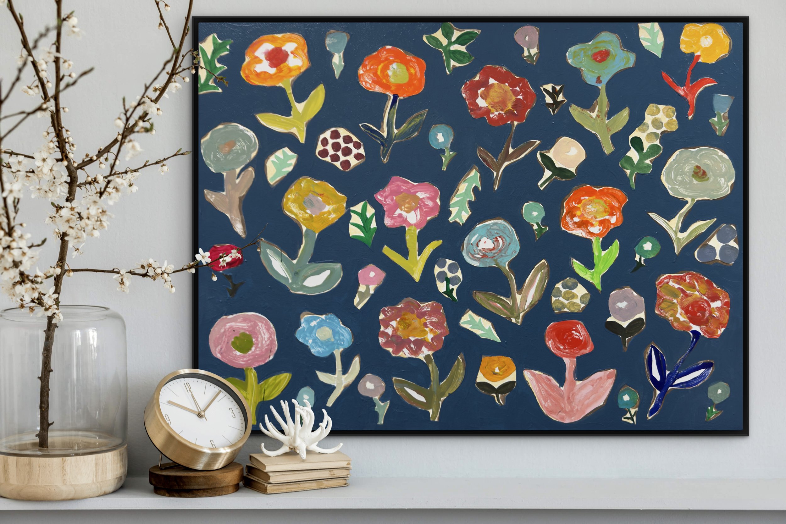 Before the Arrangement, original contemporary painting featuring scattered flowers and botanical forms across a blue surface, suggesting a floral worktable before flowers are arranged.