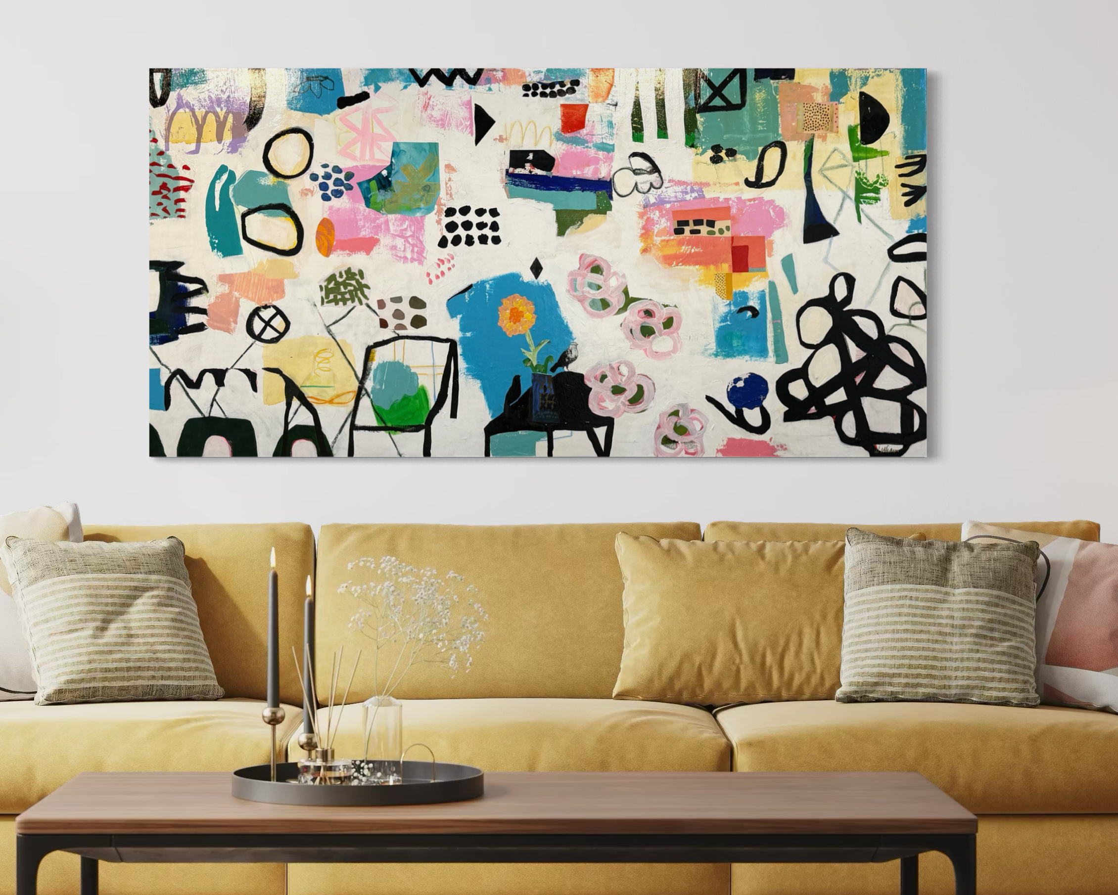 Skipping Through Saturday Light displayed above a mustard-yellow sofa with patterned cushions.